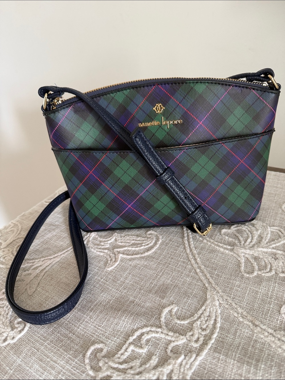 Nanette Lepore Green & Navy Blue Multicolor Plaid Crossbody Bag